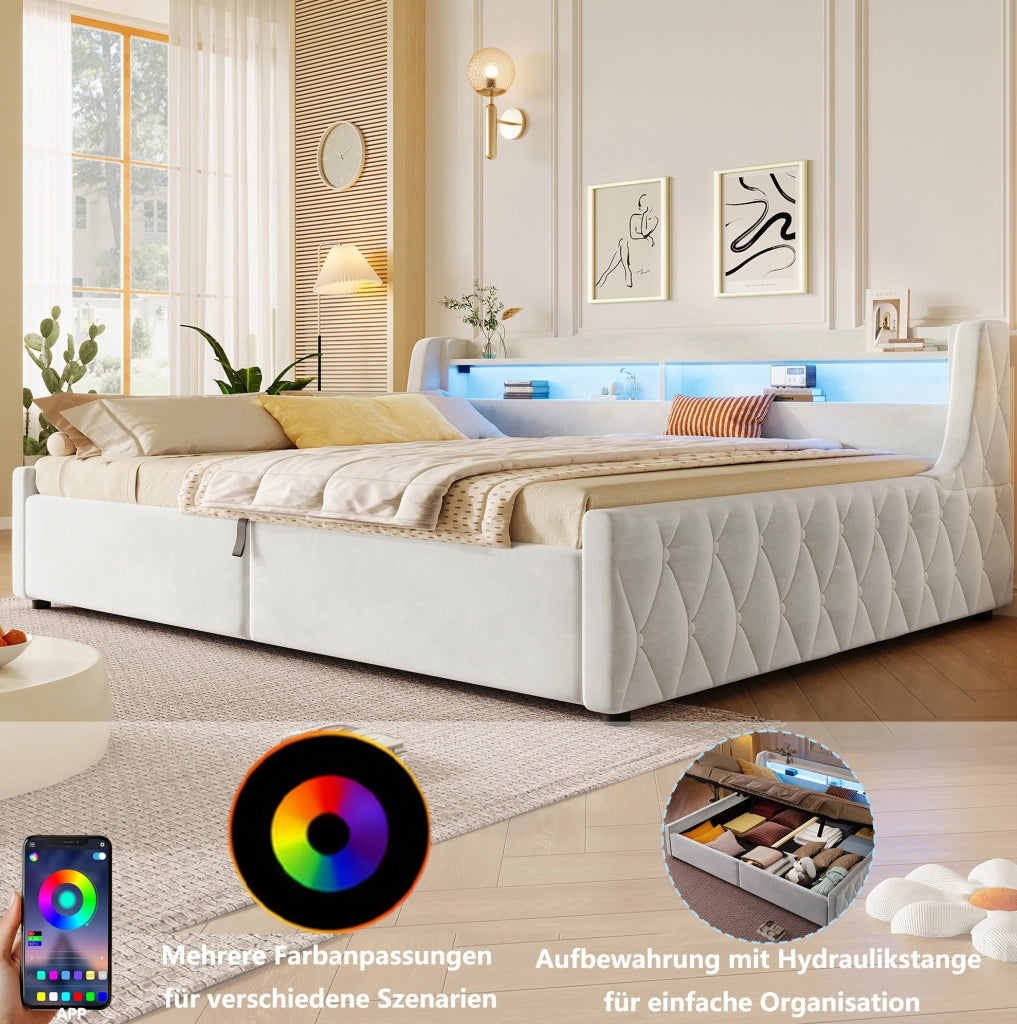 Letto imbottito 140x200 cm con LED e vano contenitore