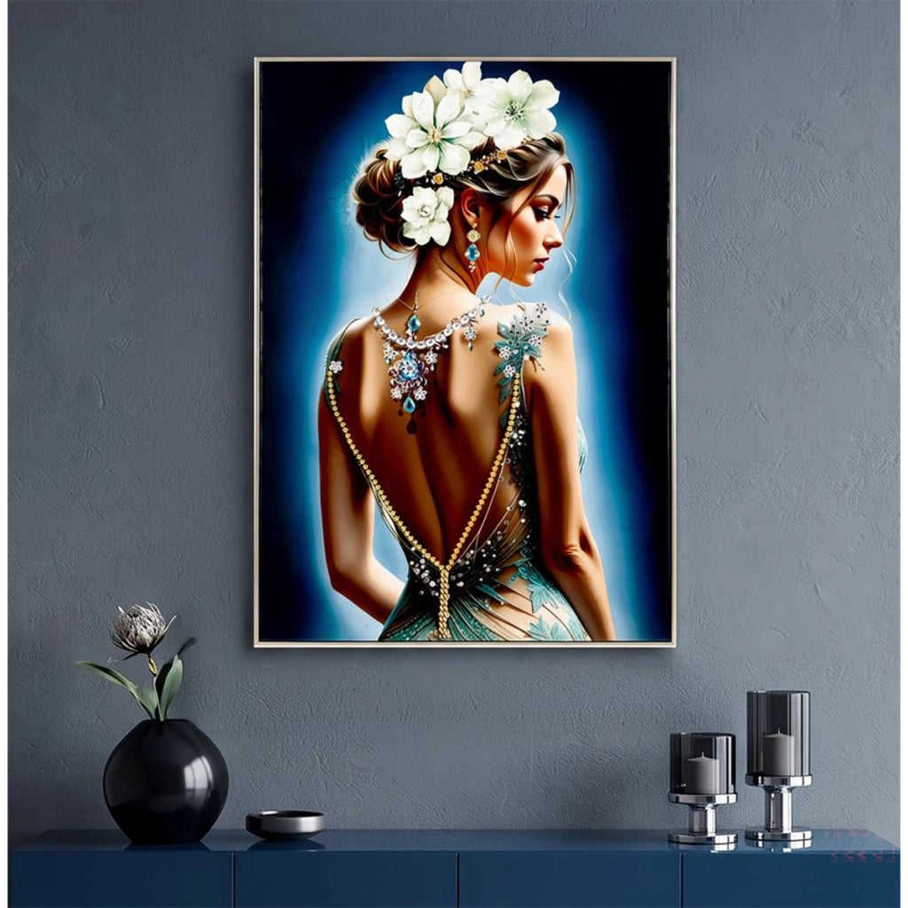 Dipinto su tela Isabel A dama di spalle con gioielli, 72x102 cm