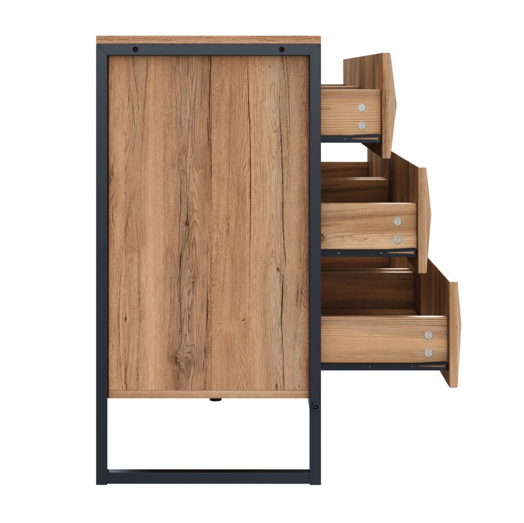 Credenza moderna con sei cassetti, nero e effetto legno