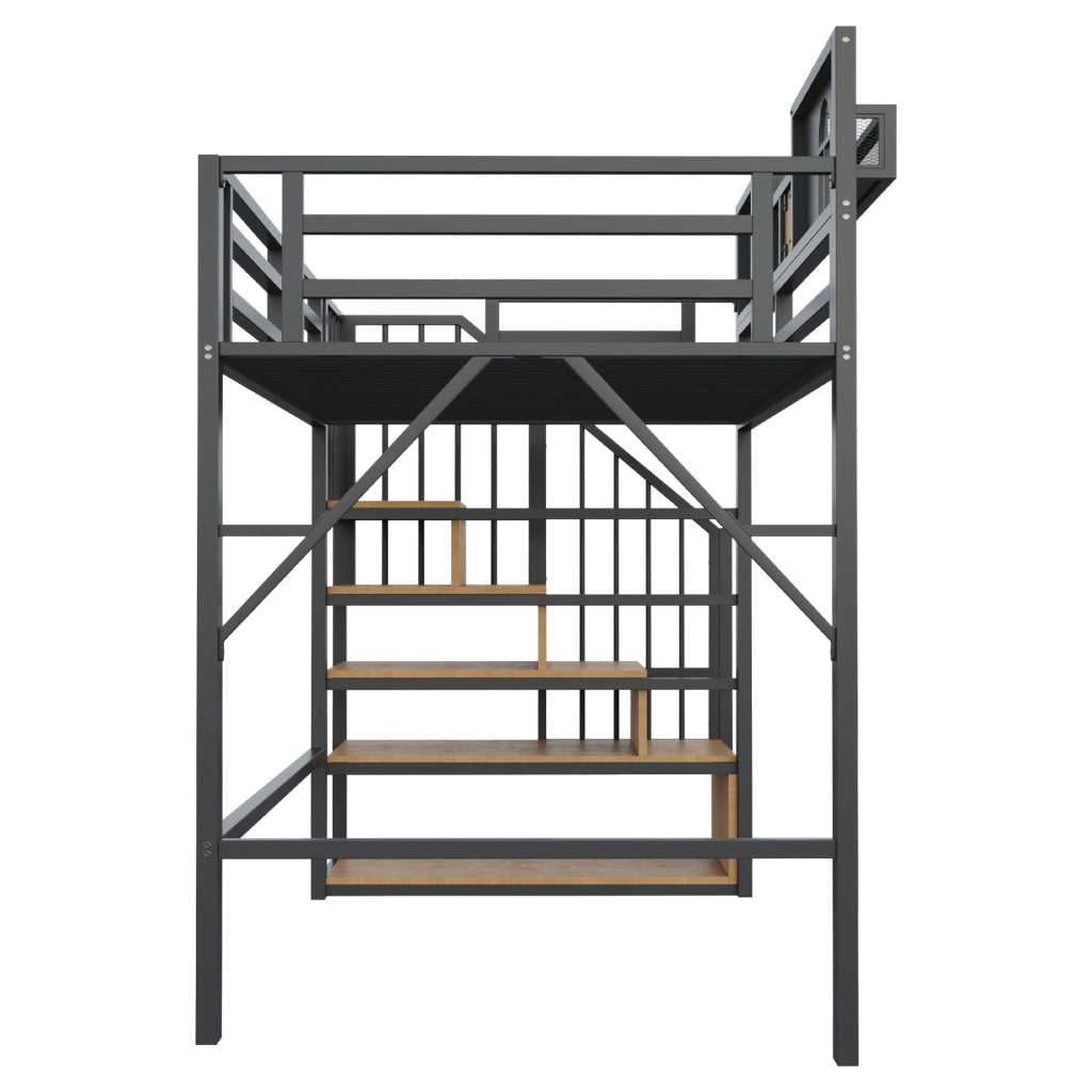 Letto a soppalco in metallo 90 x 200 cm con scala contenitore, mensola, illuminazione e struttura in MDF e metallo, nero