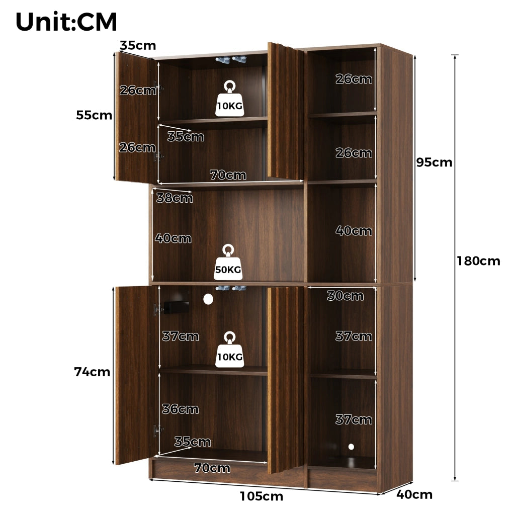 Mobile credenza da cucina con LED e presa elettrica, 2 ante e vani aperti per cucina e soggiorno, noce 105 × 40 × 180 cm
