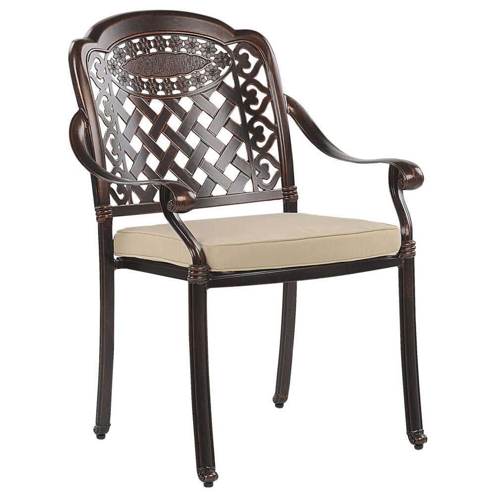 Set di 4 sedie da pranzo da giardino in alluminio marrone beige cuscini per sedili in poliestere vintage