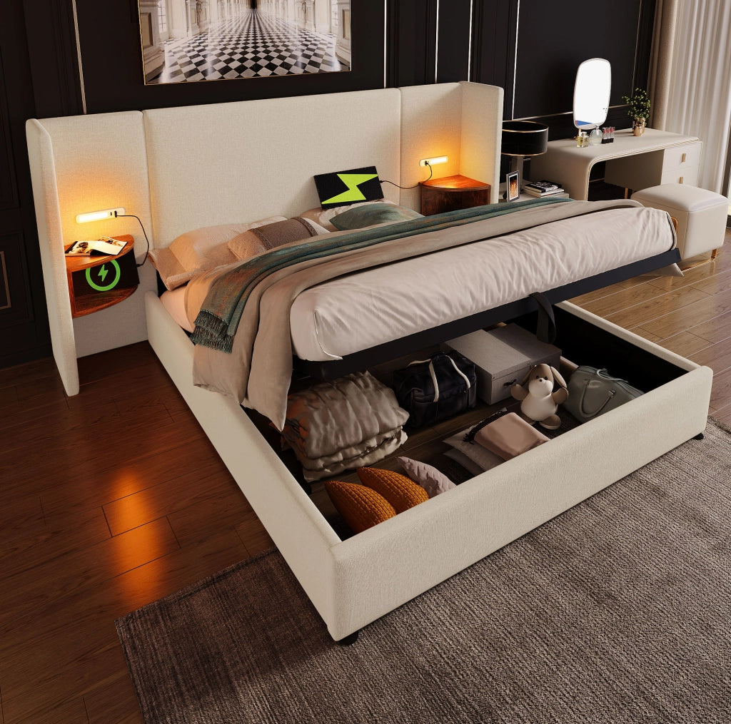 Letto contenitore 180x200 cm beige con libreria laterale, luce touch e ricarica USB-C