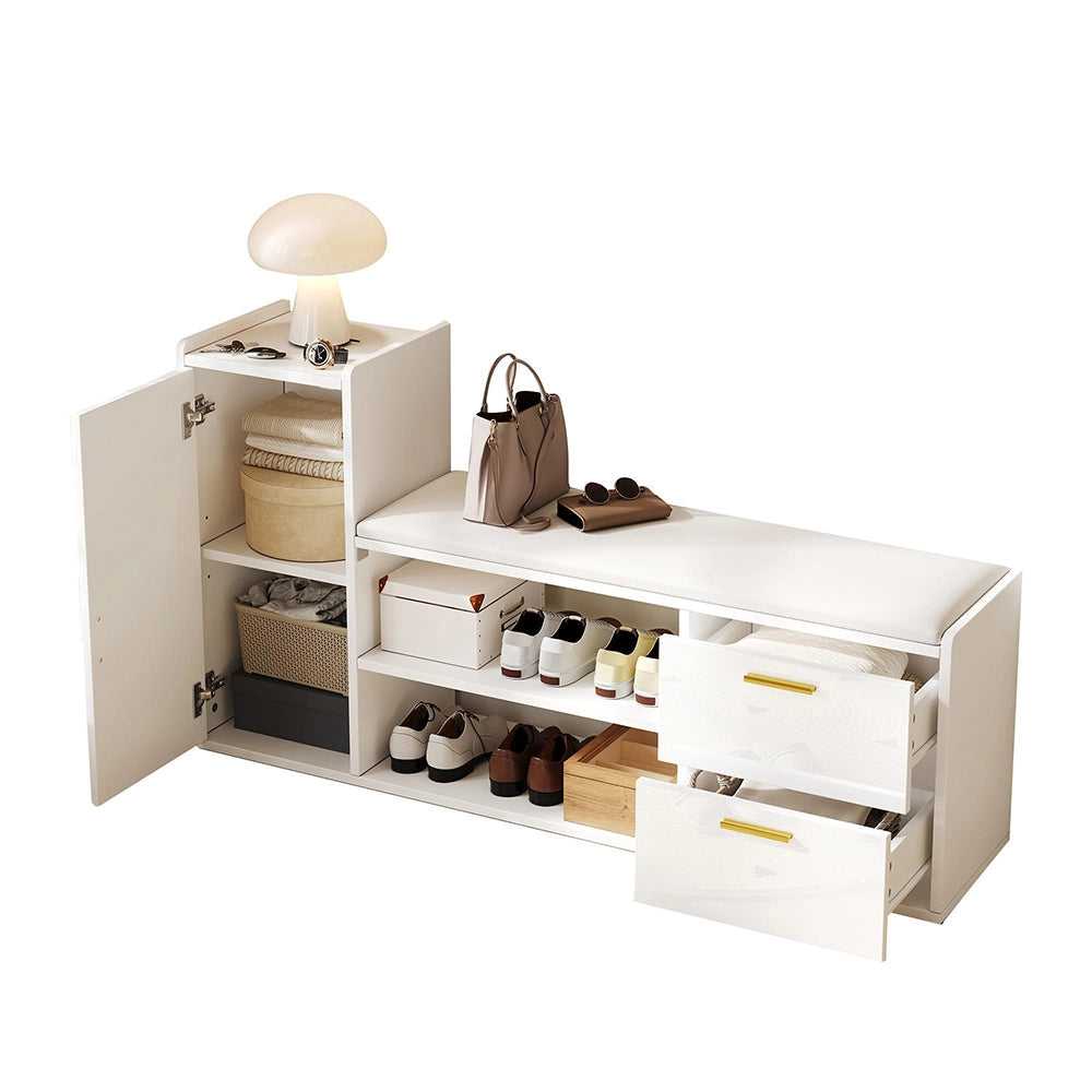 Panchina porta scarpe 128x30x68 cm - Xylo - 2 cassetti, seduta imbottita, per ingresso e ufficio, bianco