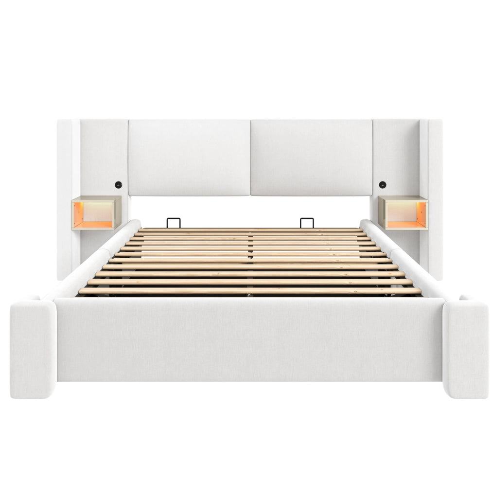 Letto matrimoniale contenitore 180x200 cm in lino beige con LED e comodini HAVRYA