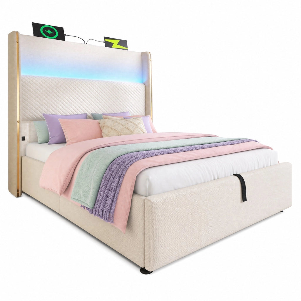 Letto singolo idraulico 90x200 cm con testiera alta, LED, USB/Type-C e contenitore, beige