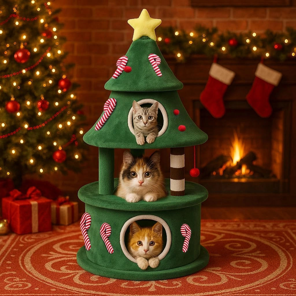 Kratzbaum alto 135 cm design albero di Natale, tiragraffi a più livelli con cuccia per gatti, piattaforme e palline da gioco, albero arrampicata stabile per gatti, verde