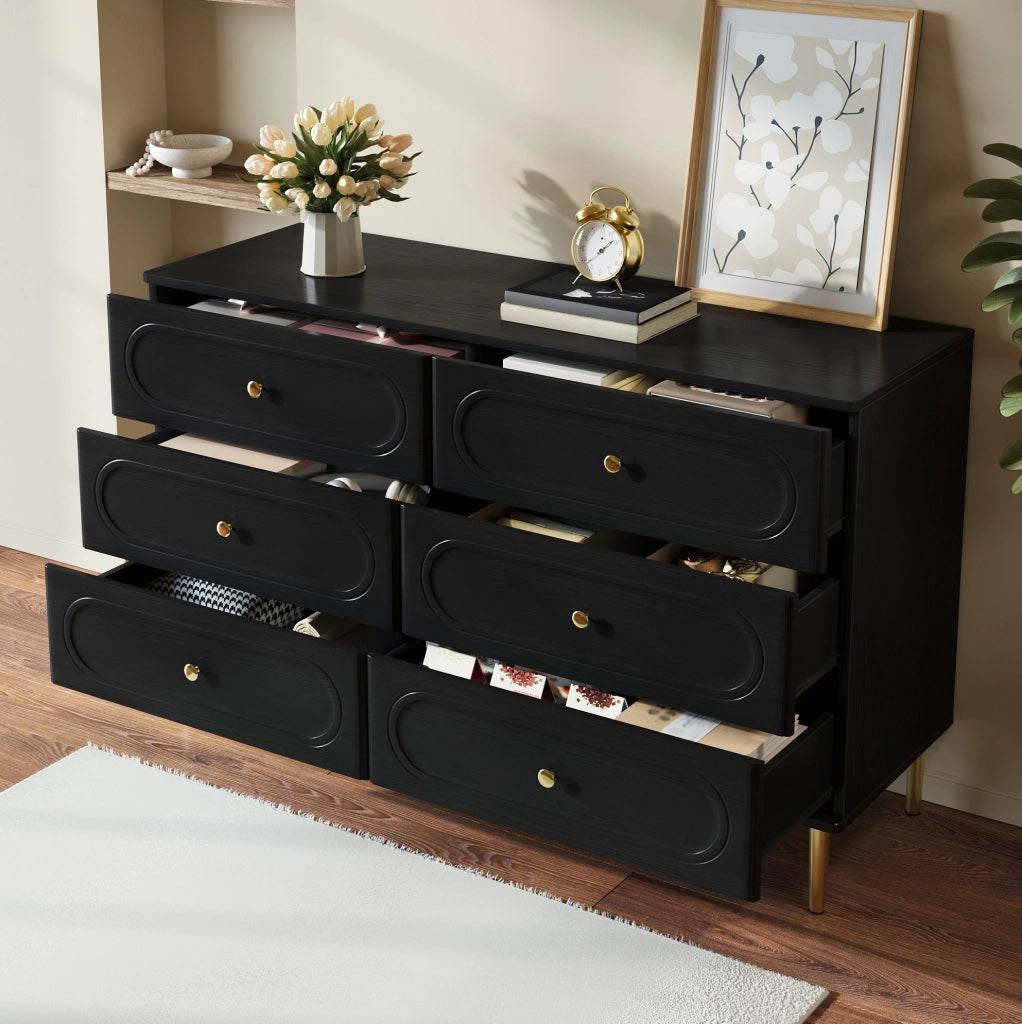Credenza nera con 6 cassetti e gambe in metallo 120 cm