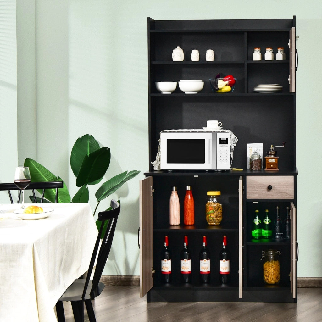 Armadio da cucina alto-Buffet-Armadio da cucina 180cm con stazione di ricarica integrata, Buffet con vetrina piano per microonde cassetto Nero