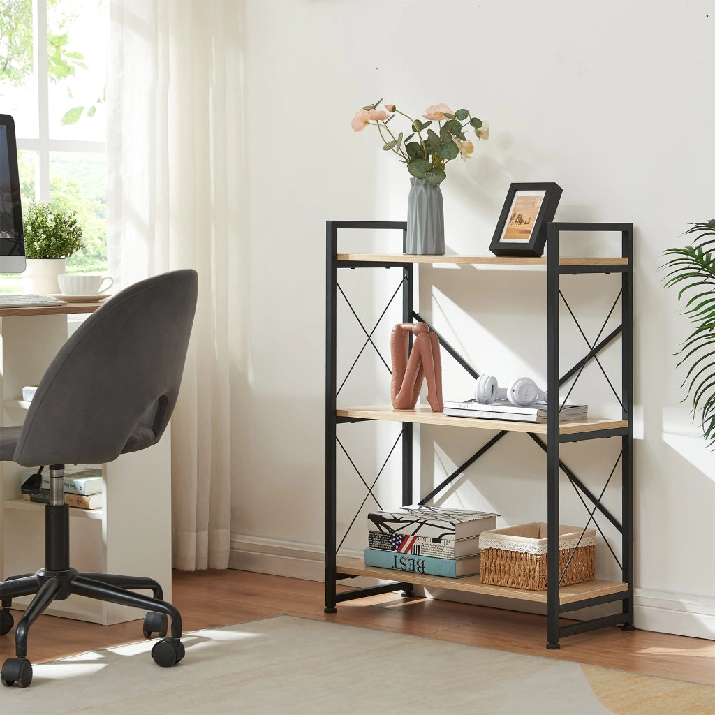 Libreria Skørping a 3 Ripiani Scaffale da Terra 90 x 65 x 30 cm - Nero / Effetto Rovere [en.casa]