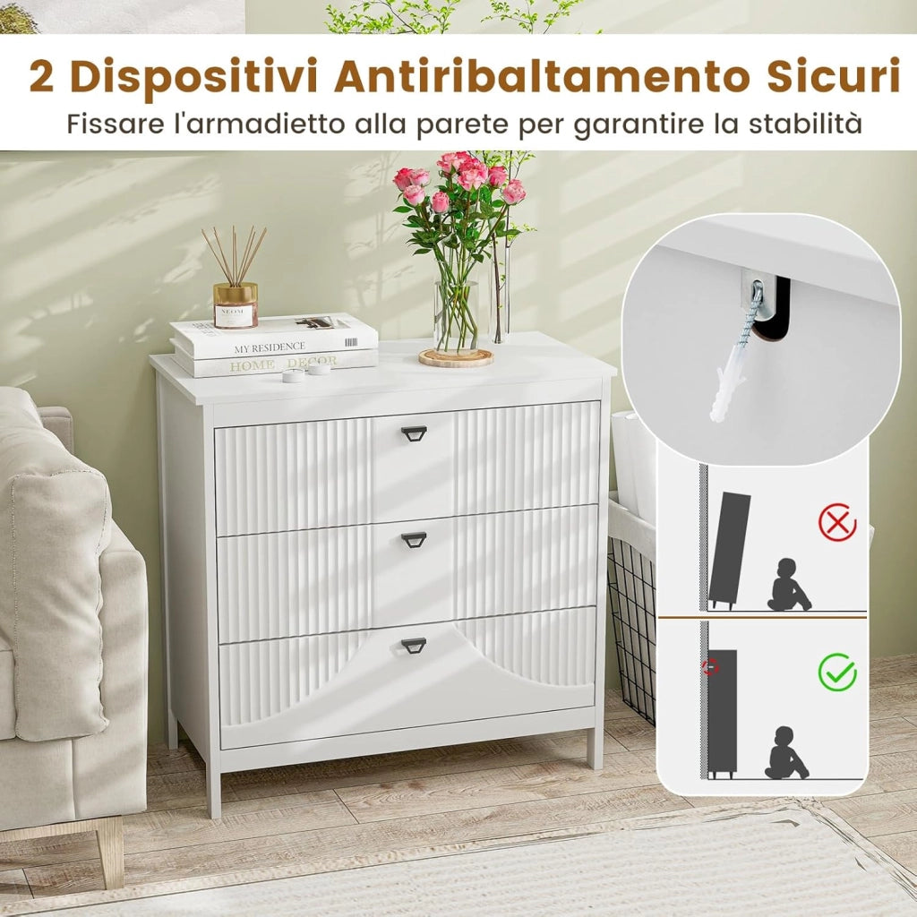 Comò a 3 Cassetti, Cassettiera in Legno con Kit Anti-Ribaltamento, Armadio di Stoccaggio con Ampio Spazio per Camera da Letto Soggiorno Ingresso, 80 x 40 x 79 cm