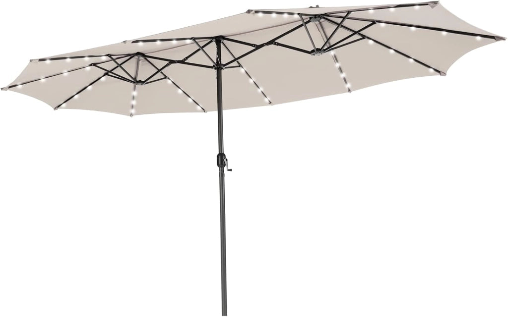 Ombrellone Doppio da Giardino 450 x 260 cm, con 48 Luci LED e 12 Stecche, Ombrellone Rettangolare con Manovella, per Giardino Piscina Cortile (Beige)