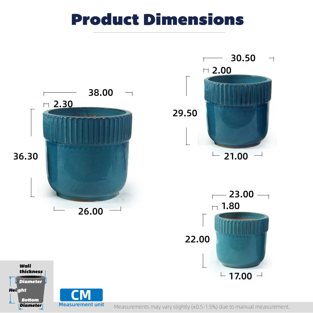 Fioriera in ceramica artigianale smaltata turchese lucido con scanalature verticali per interni e esterni 38 cm