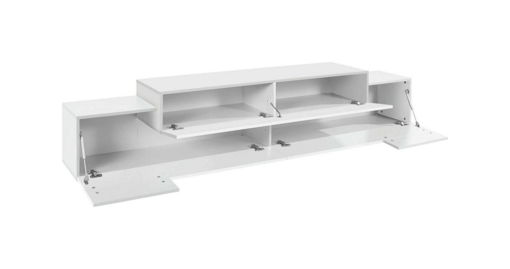 Mobile porta TV Tiche, Credenza bassa da soggiorno, Base porta TV, 100% Made in Italy, cm 240x45h52, Bianco lucido