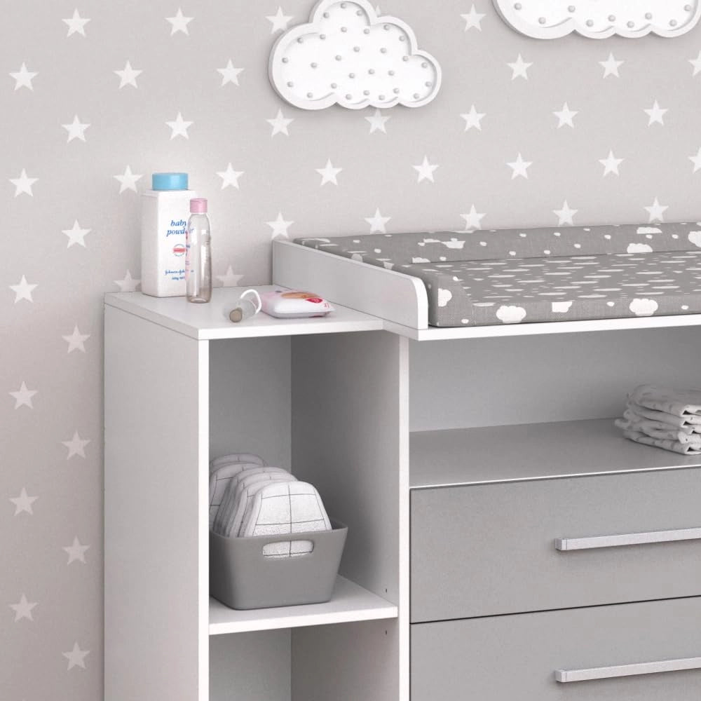 Fasciatoio Oskar, Bianco/Grigio, 113 x 100 cm, convertibile in cassettiera grazie al fasciatoio rimovibile
