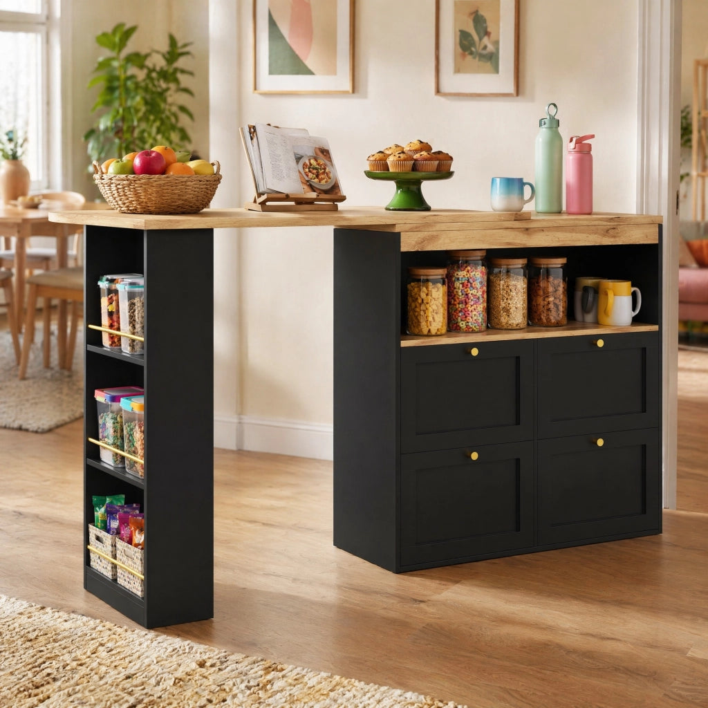 Scrivania Lineare con 4 Cassetti e Ripiani Aperti Girevoli a 360° per Studio e Soggiorno in MDF Nero 105 x 39 x 102 cm