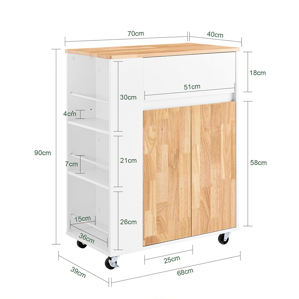 SoBuy Carrello da Cucina con Ruote, Isola da Cucina con Piano di Lavoro in Legno di Gomma, Mobile Cucina Salvaspazio, Carrello Cucina con Cassetti 70x40x90 cm Bianco FKW132-WN