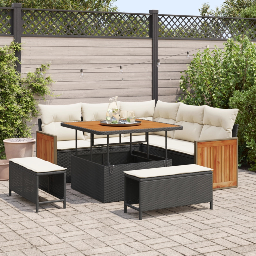 Set Divano Giardino a 8 Pezzi con Cuscini Nero Vimini Acacia