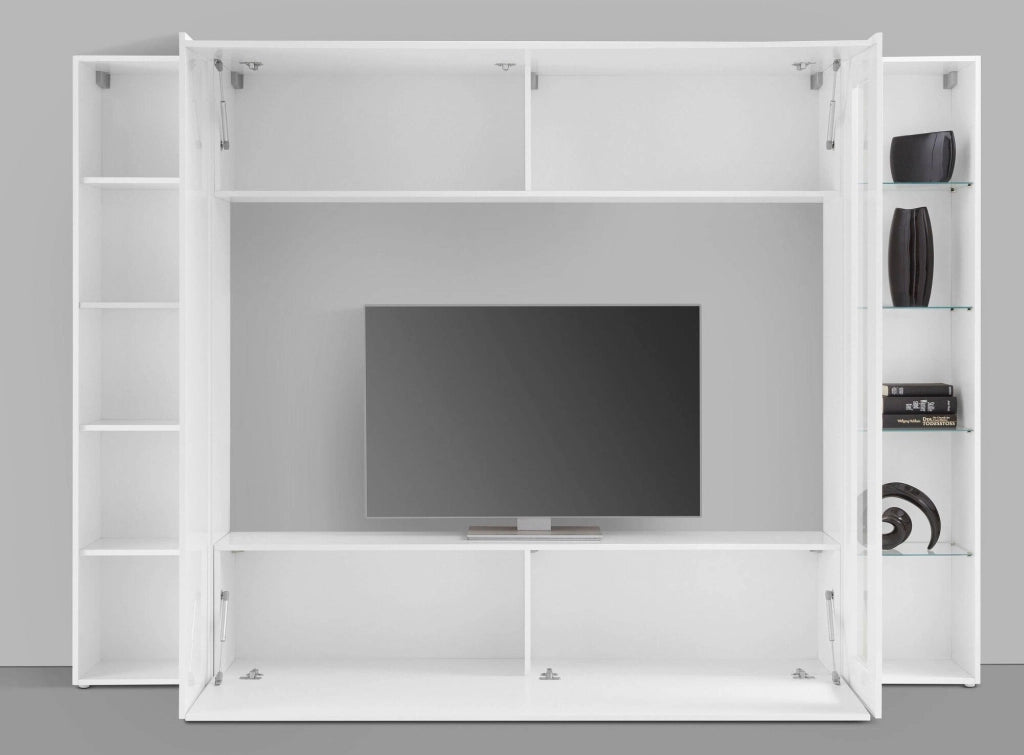 Donatello, Parete Attrezzata 8 Ripiani Made in Italy, 30x260x180h cm Bianco Lucido