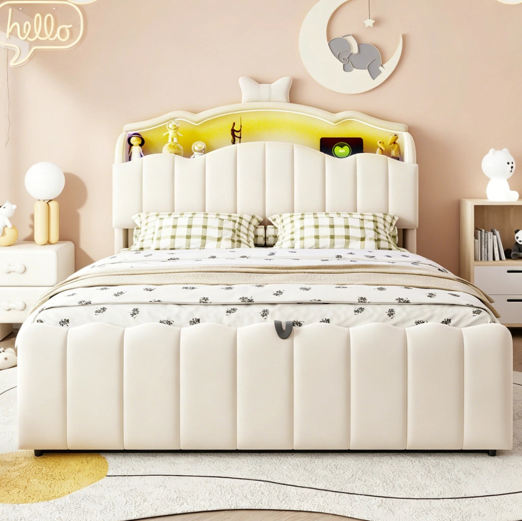 Letto imbottito per bambini 140 x 200 cm con contenitore idraulico; LED; USB e USB-C beige