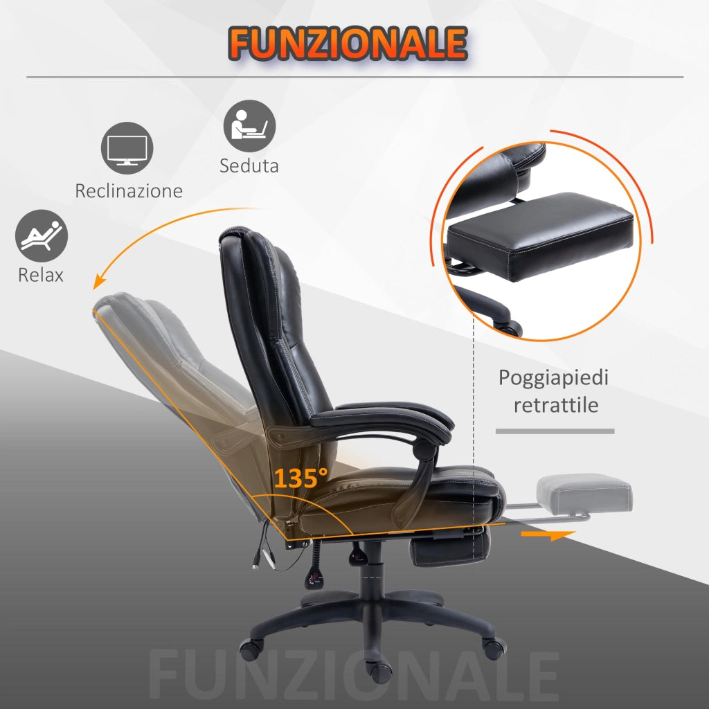 Sedia da Ufficio ad Altezza Regolabile con 6 Punti Massaggianti 68,5x68,5x113-121 cm in Finta Pelle Nera