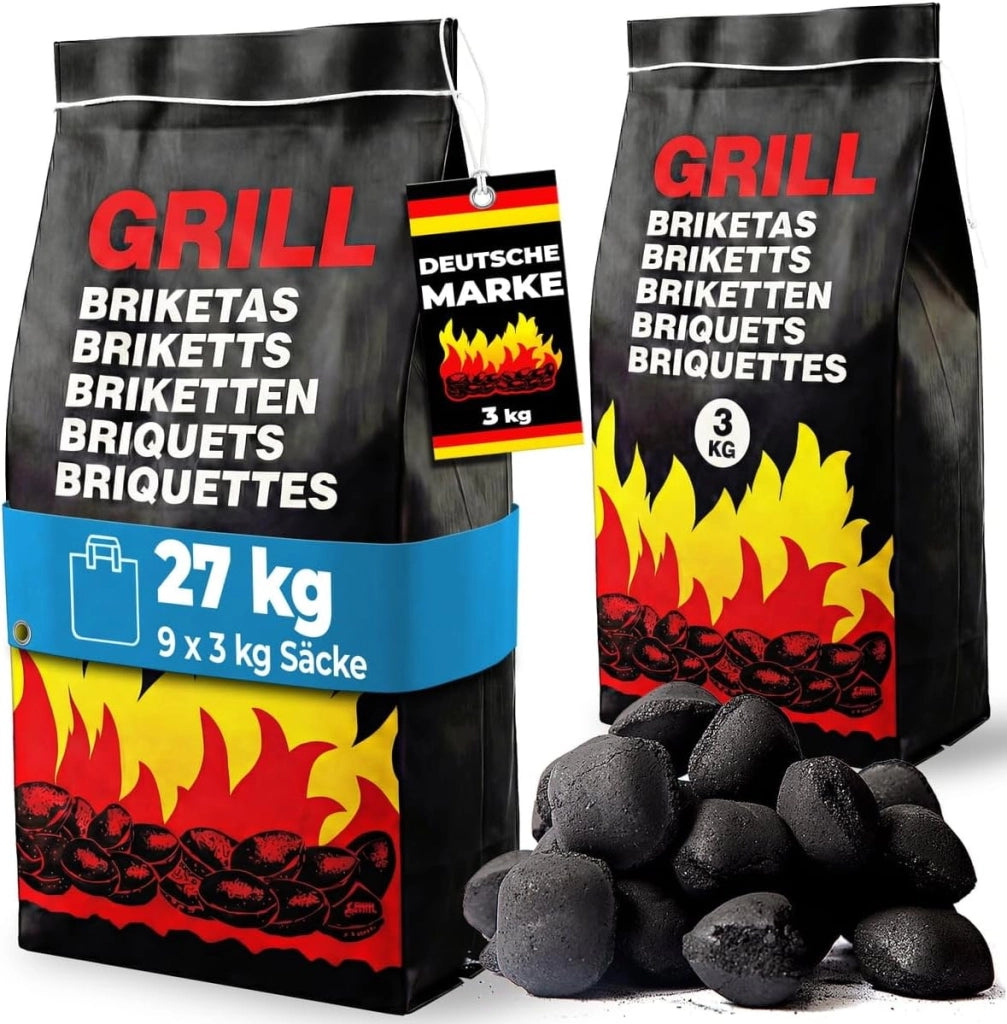 ® Carbonella per Barbecue 27kg 9 Sacchetti da 3 kg Bricchetti Carbone per Grigliare BBQ Bricchette Grigliata Brace