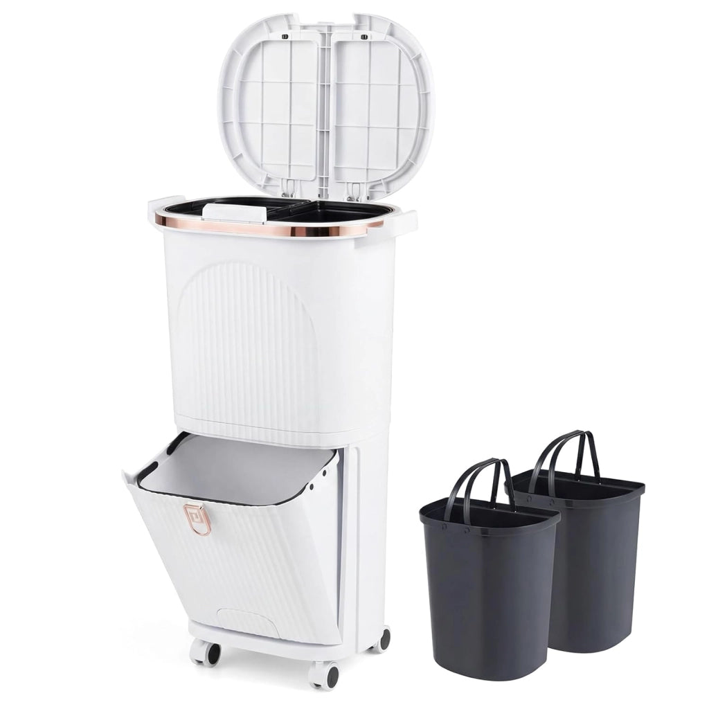 Bidone per Spazzatura Interno 38 L, Pattumiera da Cucina Differenziata a 3 Scomparti con Ruote e Maniglie, Secchio dei Rifiuti in PP on Coperchi a Pressione e Pedale (Bianco)