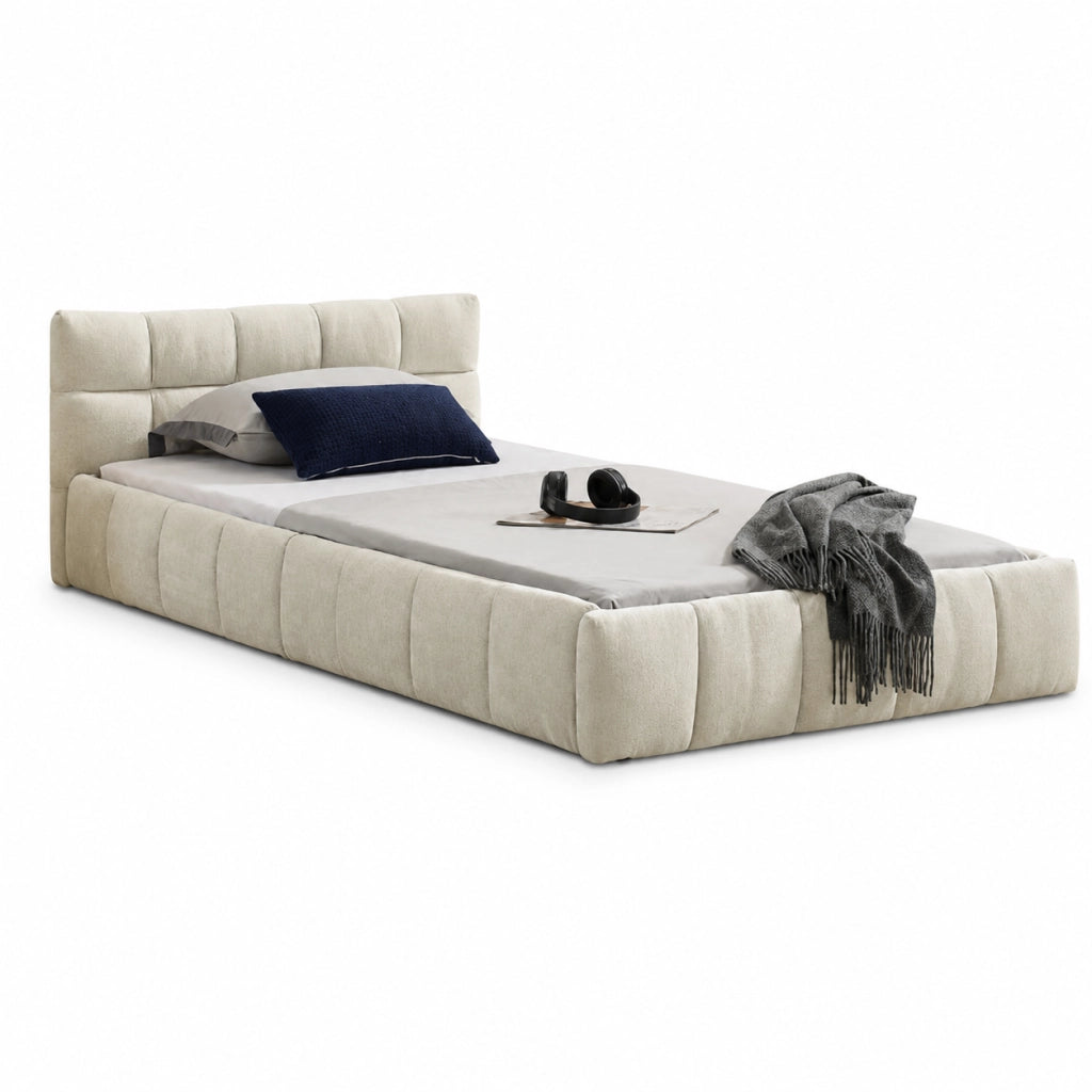 Letto imbottito 90x200 cm con cuciture quadrate in ciniglia beige