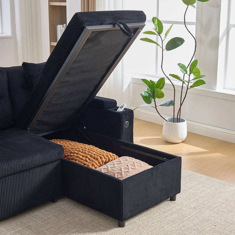 Divano moderno in velluto per 4 persone - Xylo - Chaise longue, spazio di archiviazione, porta bevande, porte USB, funzione letto, Nero