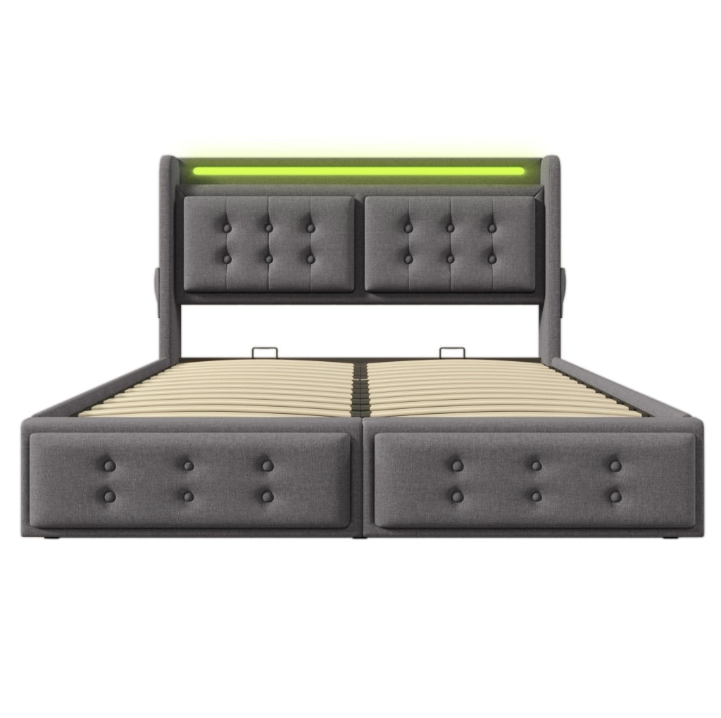 Letto matrimoniale contenitore 180x200 cm con LED e USB C; cotone e lino grigio