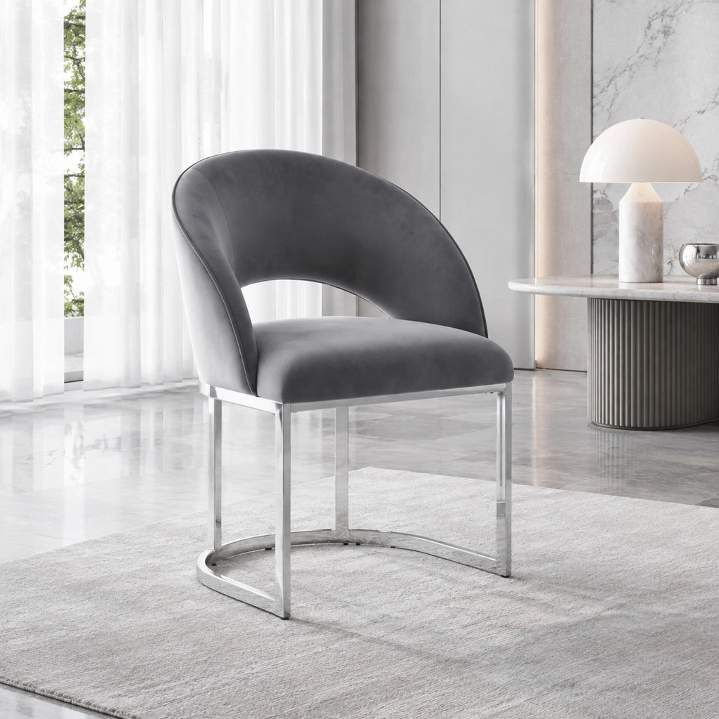 Set di 4 sedie da pranzo 59x56x80 cm in velluto; schienale curvo; gambe in metallo; grigio e argento