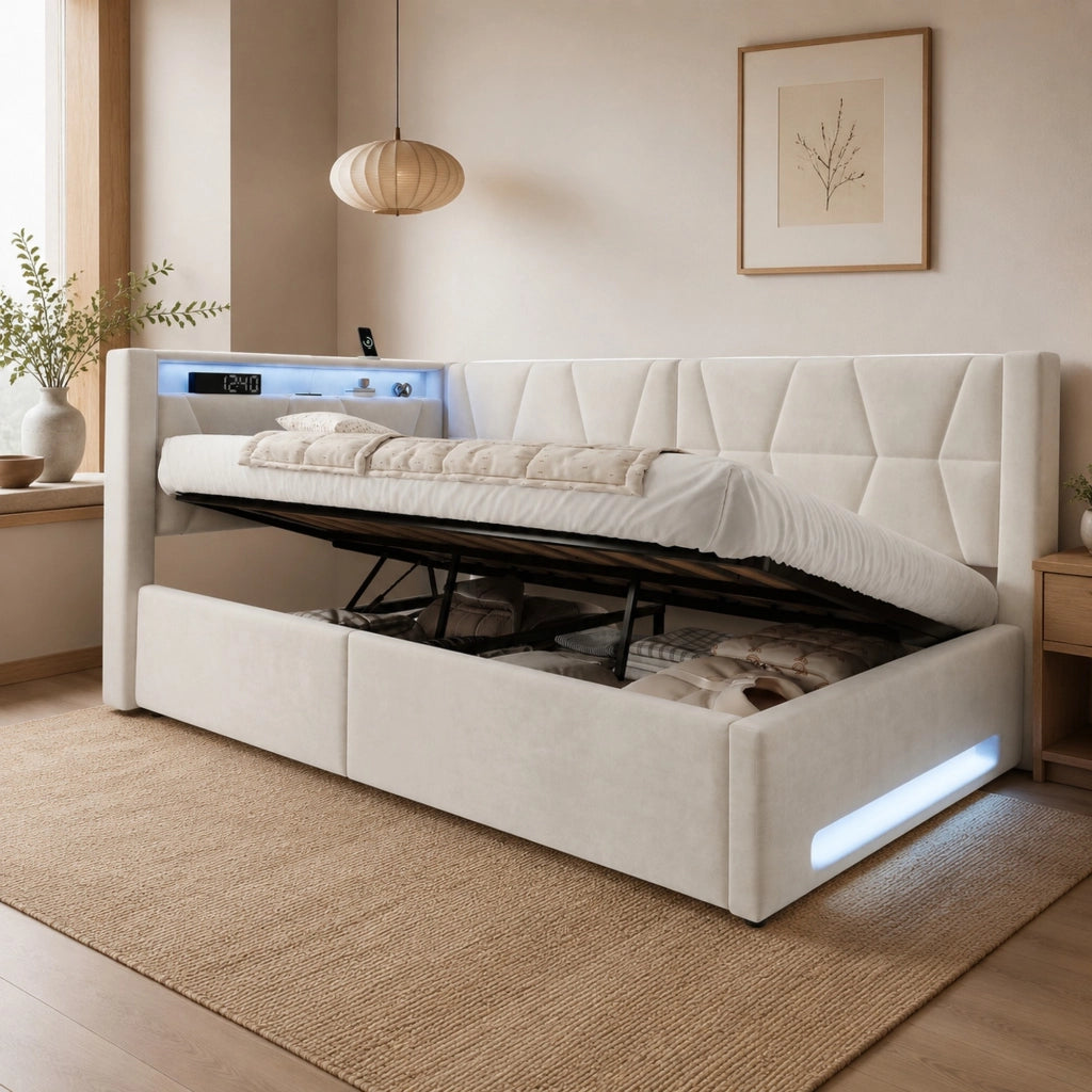 Letto Singolo 90x200 cm con Contenitore; USB; Type-C e LED in Velluto Beige