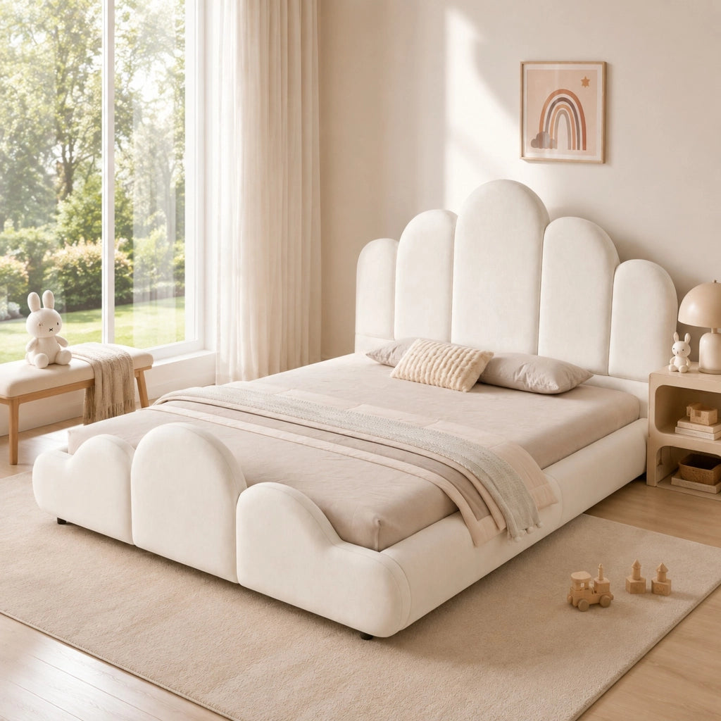 LETTO Imbottito 140x200 cm in velluto beige, struttura unica
