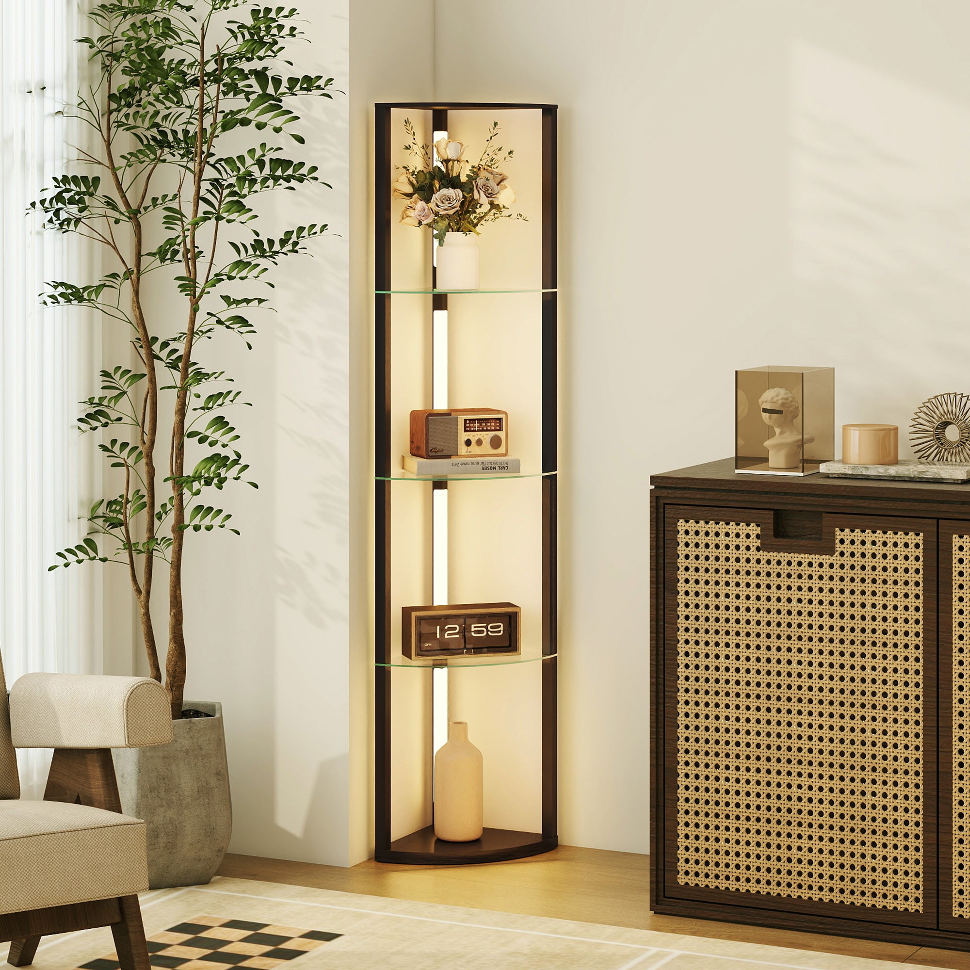 Lampada da Terra con 5 Ripiani e Luce LED 3 Livelli di Luminosità e Interruttore a Pedale Nero