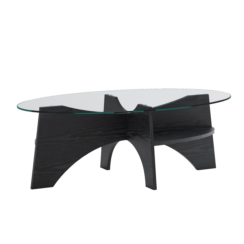 Tavolino da caffè con piano in vetro e base a ventaglio - per soggiorno - 104.9×60×35.6 cm - in MDF e vetro - nero e trasparente