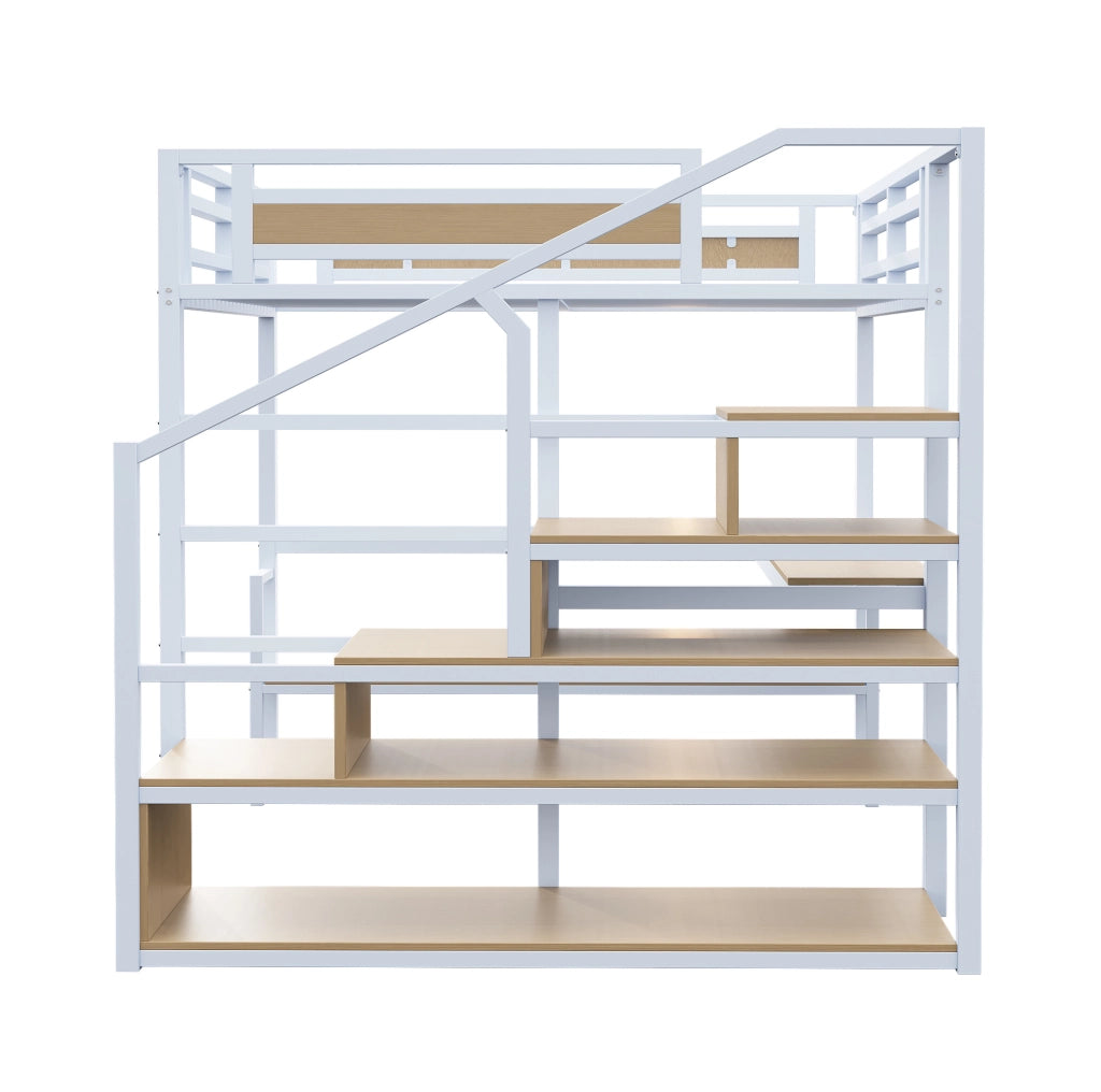 Letto a soppalco in metallo 140x200 con scala contenitore, ripiani e scrivania