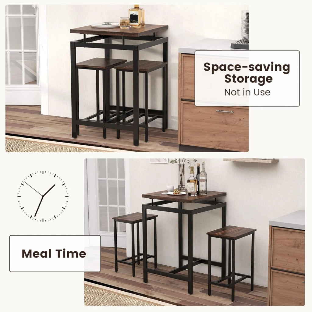 Tavolo da Bar con Sgabelli da Bar Incorporati, Tavolo da Pranzo con 2 Sedie, Tavoli da Cucina ad Altezza Banco, Piano a Sbalzo Spesso 30 mm, Marrone Rustico