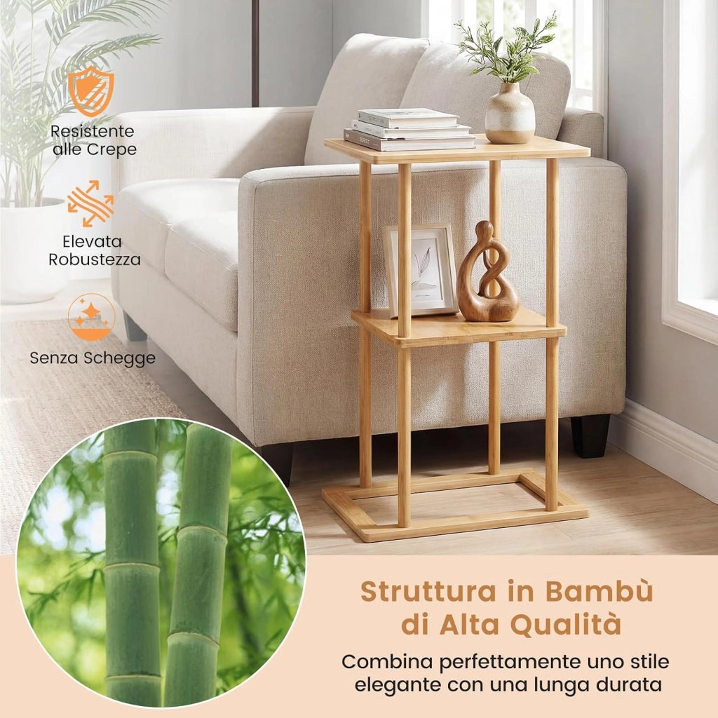 2 Tavolini Laterali da Salotto, Tavolino Rettangolare con Mensole Portaoggetti e Struttura in Bamboo, Tavolino Salvaspazio per Soggiorno, Camera da Letto e Ufficio