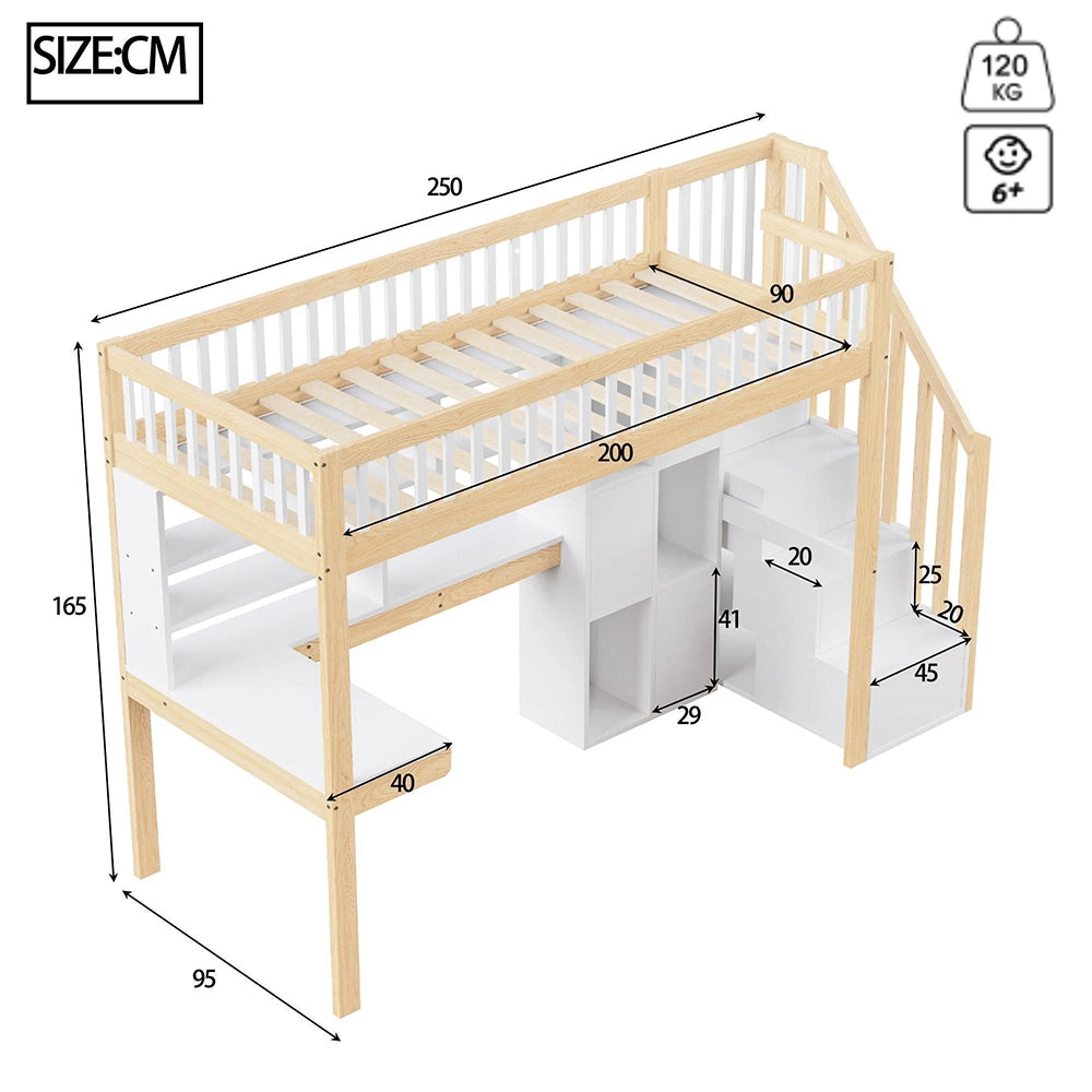 Letto a soppalco - Xylo - 90x200 cm LED bianco/naturale