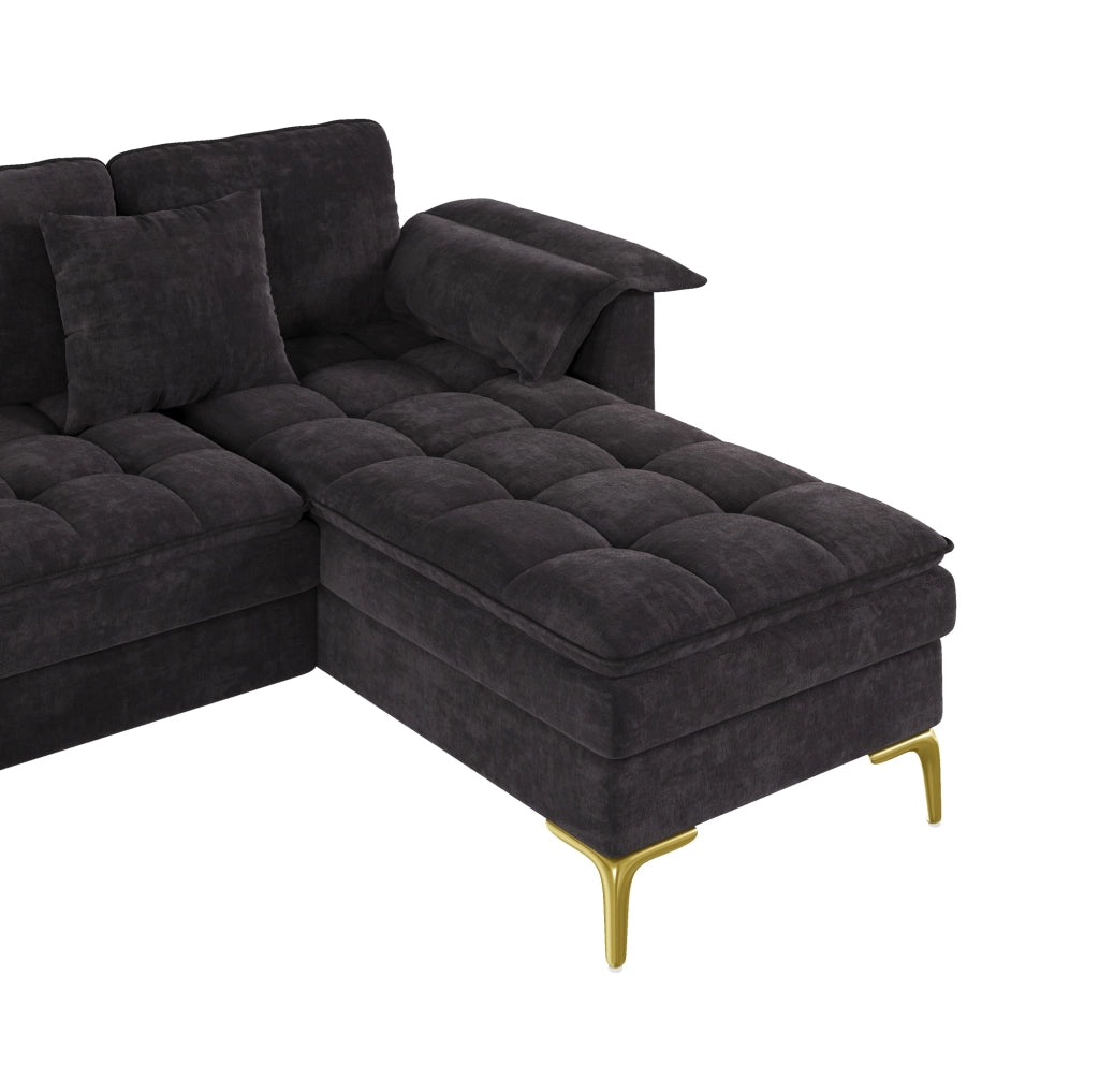 Divano angolare a U 262x134 cm nero in ciniglia; 2 chaise longue
