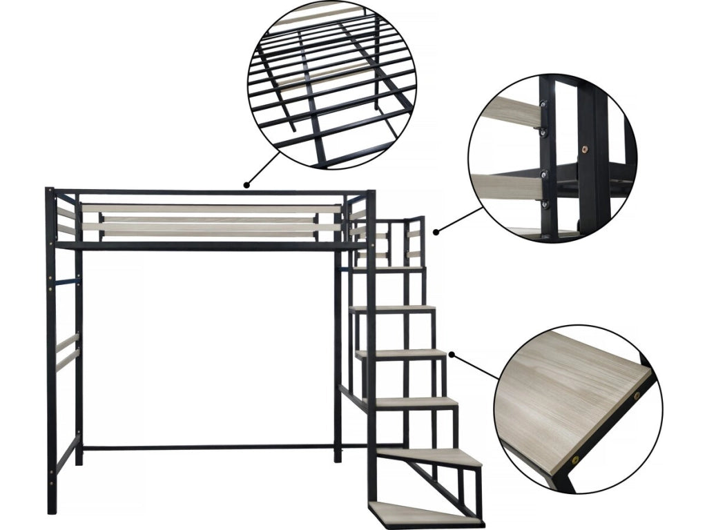 Letto a soppalco in metallo con scale "LENA" - 140 x 190 cm - Nero