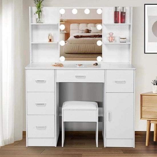 Tavolo per trucco lussuoso con illuminazione regolabile - Cassetto con specchio e sgabello - 5 ripiani - 4 pannelli - 1 cassettone - 100 x 40 x 140 cm