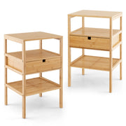 Set di 2 comodini multiuso in bamb¨´ con cassetto portaoggetti e scaffale a doghe, Tavolini moderno a 3 livelli Naturale-Comodini