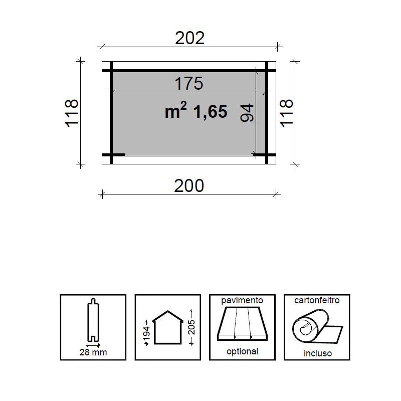 Casetta da giardino in legno Patty 200x118 - Pino grezzo non trattato