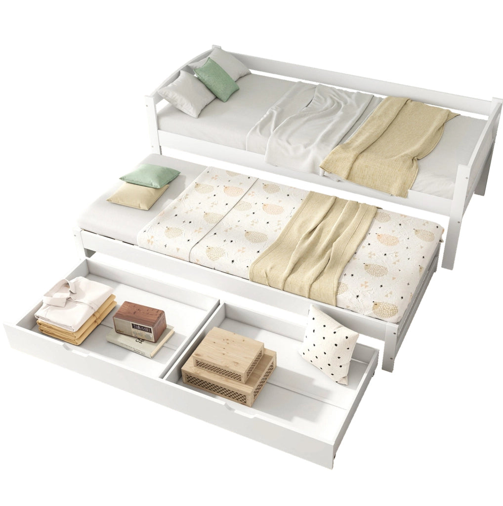 Letto estraibile con 2 cassetti in pino e MDF bianco 90x200 cm