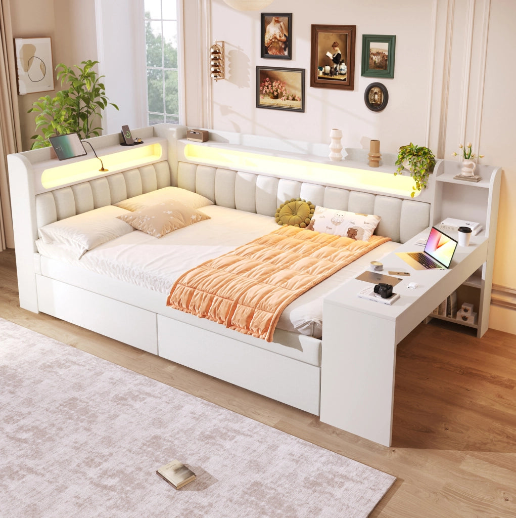 Letto imbottito 140x200 cm con LED; USB; scrivania e 2 cassetti in MDF e compensato bianco