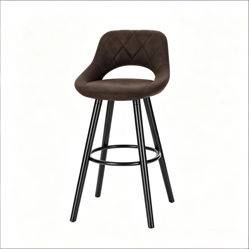 Sgabello da bar moderno in tessuto e legno massello, colore marrone scuro, con schienale, altezza seduta 68 cm, portata 100 kg