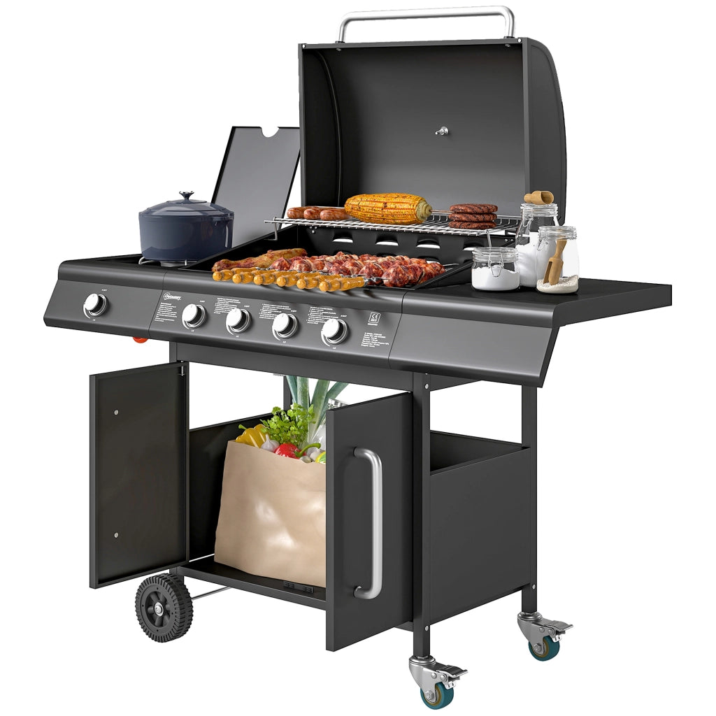 Barbecue a Gas con Fornello Laterale, Tavolino e Armadietto, in Acciaio e PP, 129.5x56x110 cm, Nero