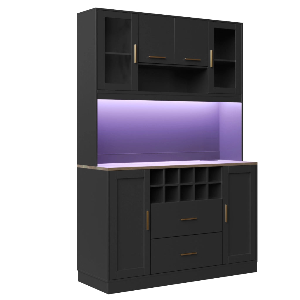 Credenza alta 120x36,3x180 cm in MDF nero con LED, prese USB, 6 ante e 2 cassetti