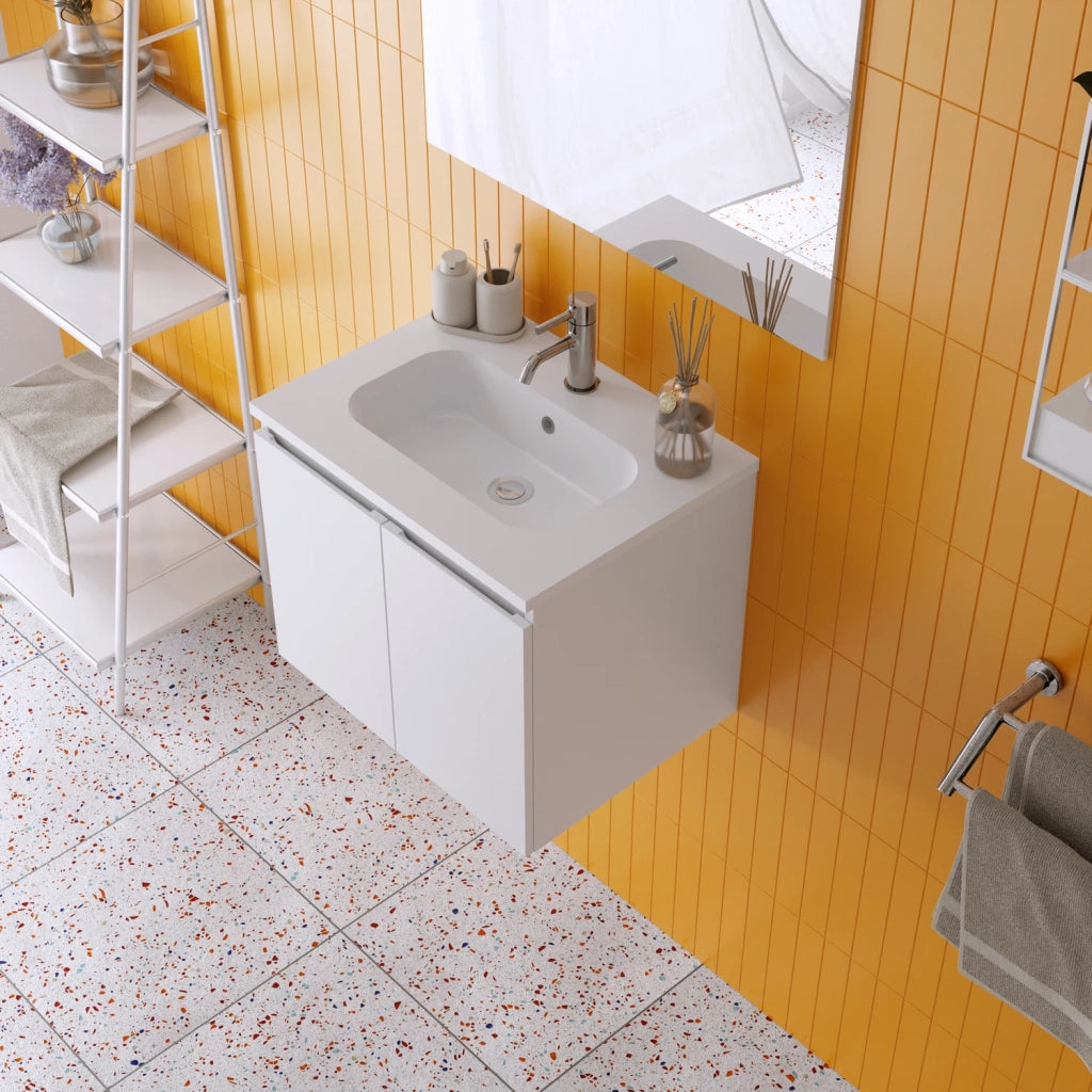 Mobile da bagno sospeso 60cm bianco lucido con lavabo e specchio | Rata